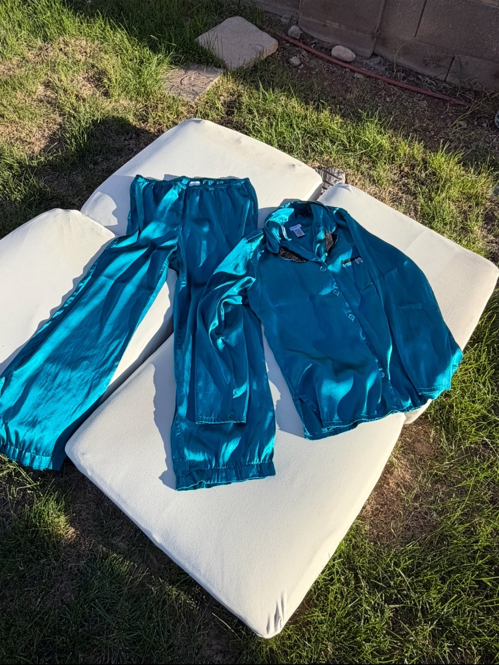 Jaclyn Smith Teal Satin Pajama Set Lace Y2K Size Large